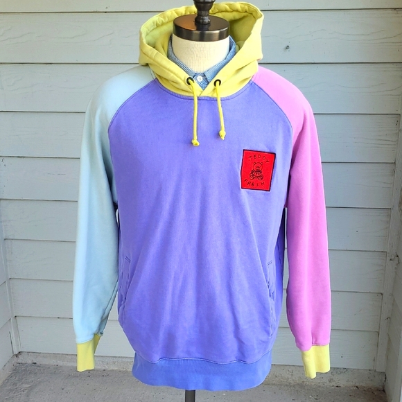 TEDDY FRESH‎ Purple Yellow Pink Block Logo Pattern Cotton L Mens Hoodie Sweater - Picture 1 of 7